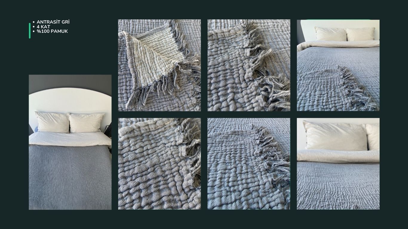 TRUYTOWEL %100 PAMUK 4 KATLI ANTRASİT GRİ YATAK ÖRTÜSÜ PİKE