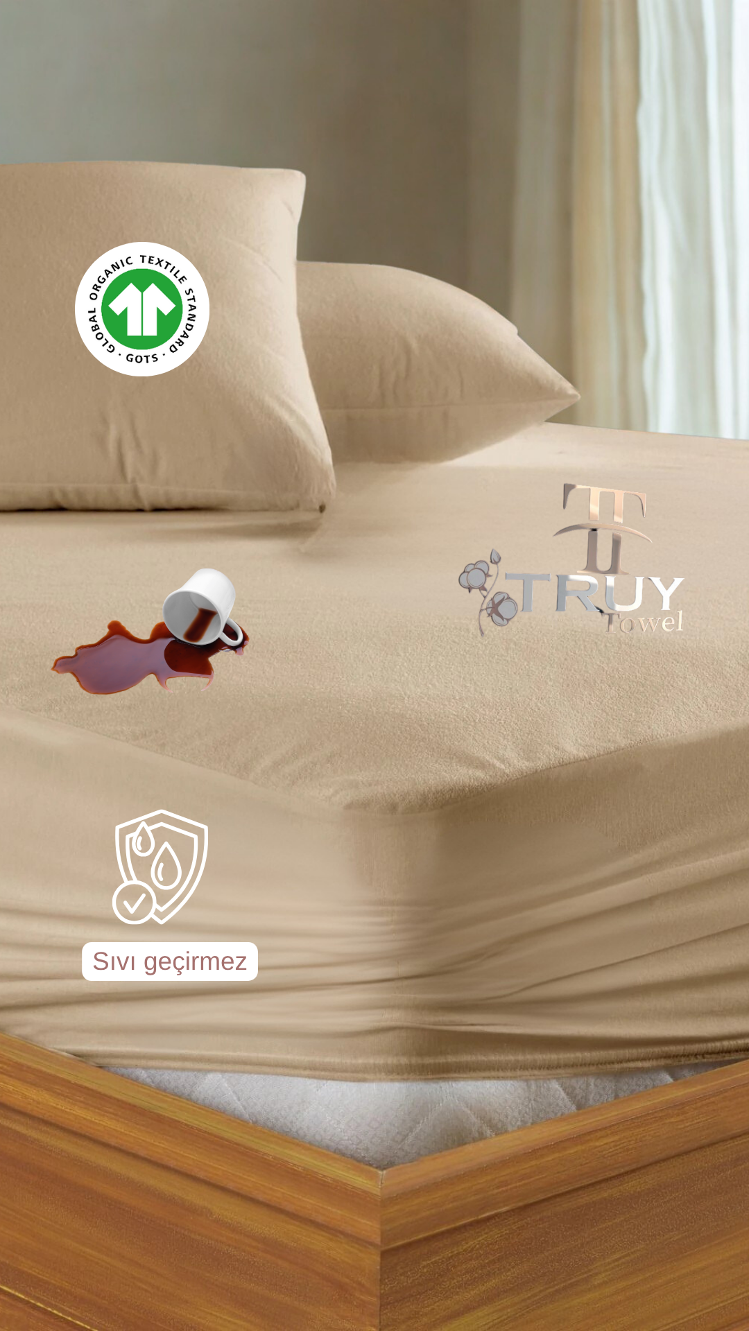 MİKRO SIVI GEÇİRMEZ ÇİFT KİŞİLİK YATAK ALEZİ AÇIK KAHVERENGİ